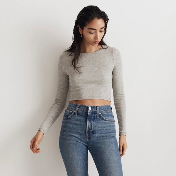 NWOT Madewell Fine Ribbed Supercrop Crewneck Long-Sleeve Tee - Picture 4 of 8